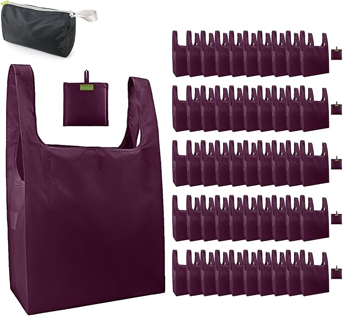 BeeGreen Burgundy Reusable Grocery Bags Wine Red Reusable Kitchen Bags Bulk with Elastic Band Foldable-Machine Washable with Zipper Storage Pouch 50 Packs