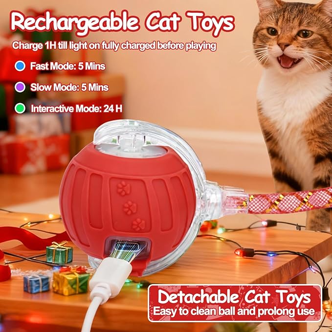 Interactive Cat Toy Ball - Christmas Cat Toys for Indoor Cats with Feather Tails for Chasing, Moving Stimulation Smart Cat Toy for Enrichment, Motion Activated Automatic Rolling Toys to Keep Them Busy