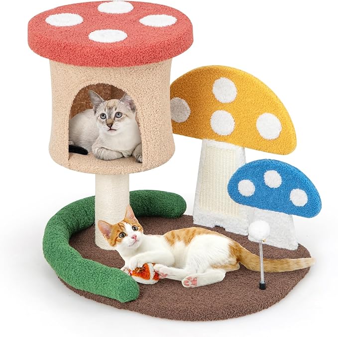 Tangkula Mushroom Cat Tree, Cute Cat Tower with Full-Wrapped Sisal Post, Scratching Board & Spring Ball, Cat Condo, Flower Cat Tree Tower for Indoor Cats Large Adult (23.5 Inch)