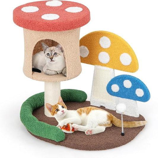 Tangkula Mushroom Cat Tree, Cute Cat Tower with Full-Wrapped Sisal Post, Scratching Board & Spring Ball, Cat Condo, Flower Cat Tree Tower for Indoor Cats Large Adult (23.5 Inch)