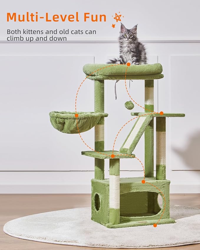 Taoqimiao Cat Tree,38.5-Inch Cat Tower for Indoor Cats,Suitable for Kittens with Luxurious cat condo with Adjustable Baskets and Luxurious Perch MS029SGR Green