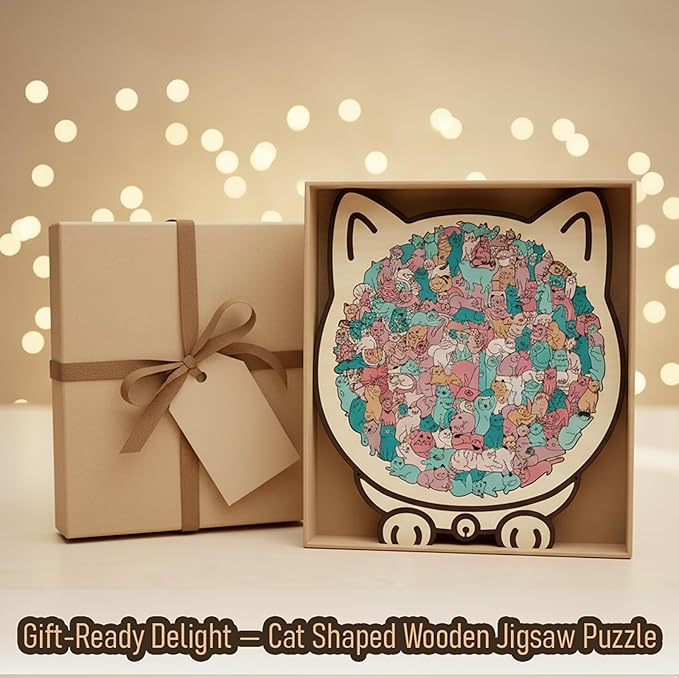 135-Piece Colored Cat Shaped Wooden Jigsaw Puzzle for Adults, Irregular Whimsy Pieces, Home Decor & Creative Gifts for Cat Lovers and Puzzle Enthusiast (Colorful-D)