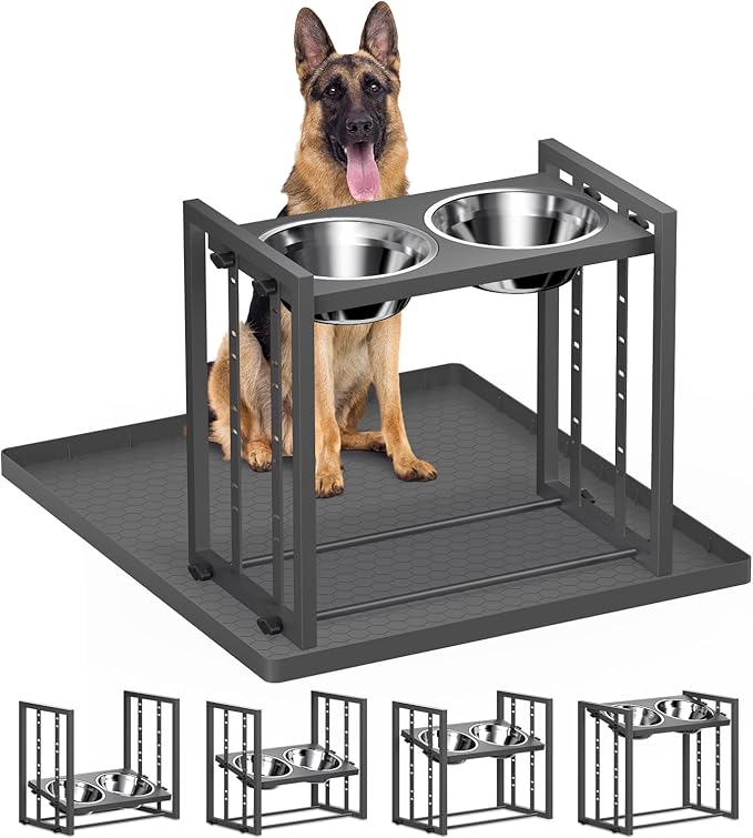 Elevated Bowls for Medium Breed: 4 Height Adjustable Raised Bowl with Metal Stand, Feeder Station with 2 Stainless Steel Bowls for Small Medium and Large Size Dogs, Grey with Feeding Mat