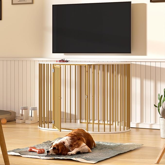 TVU 48 Inch Dog Crate Furniture, Heavy Duty Dog Kennel Indoor for Large Dogs, Oval Decorative Pet House End Table for Living Room, Bedroom, Hallway, 47.2" L x 27.6" W x 31.5" H, White, Gold