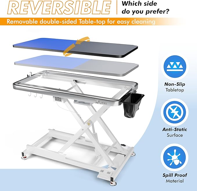 KANIS Professional Electric Dog Grooming Table - Heavy Duty, Height Adjustable Pet Grooming Table w/Leveling Wheels, Grooming Arm, Anti Slip Tabletop & Tool Organizer/Dog Grooming Station (49", WHITE)