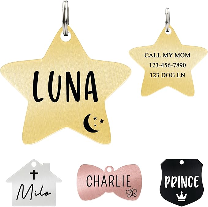 Ultra Joys Cat ID Tag Personalized Pet Tags, Durable Stainless Steel Small Pet Mini Dog Cat Tag Lightweight - Star Tag in Gold