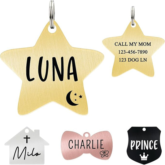 Ultra Joys Cat ID Tag Personalized Pet Tags, Durable Stainless Steel Small Pet Mini Dog Cat Tag Lightweight - Star Tag in Gold