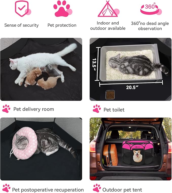 Dog Playpen, Medium Puppy Pet Playpen, Dog Crate Tent Cage Indoor/Outdoor, Portable Pop Up Dogs Kennel Playpen with Carrying Case for Dogs/Cats/Rabbits, Hot Pink