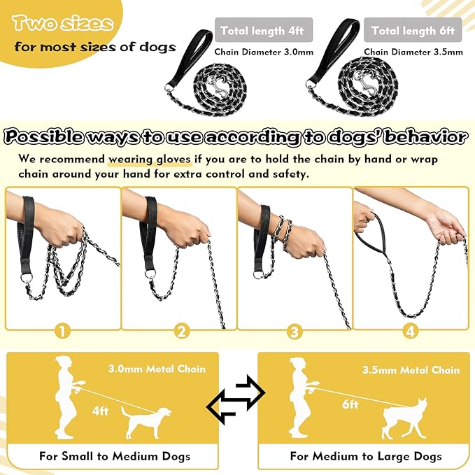 Heavy Duty Metal Dog Chain Leash with Comfortable PU Leather Padded Handle, Chew Proof for Medium Large Pooch Walking Training (4ft 3.5mm Black)