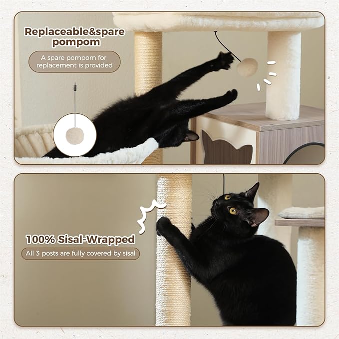 PEQULTI 57.5" Cat Tree with Litter Box Enclosure Large, Wood Cat Tower for Indoor Cats with Storage Cabinet and Cozy Cat Condo, Sisal Covered Scratching Post and Replaceable Dangling Balls, Grey