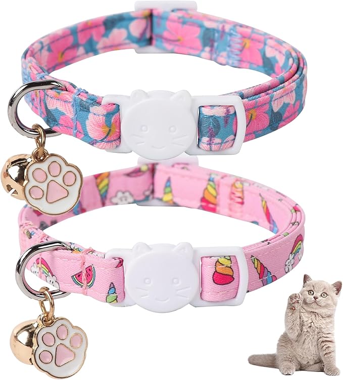 Unique Style Paws Pink Cat Collar,Breakaway Cat Collar with Bell & Pendant,Adjustable Cat Collar for Girl Boy Cats,Ideal Gift for Kitten