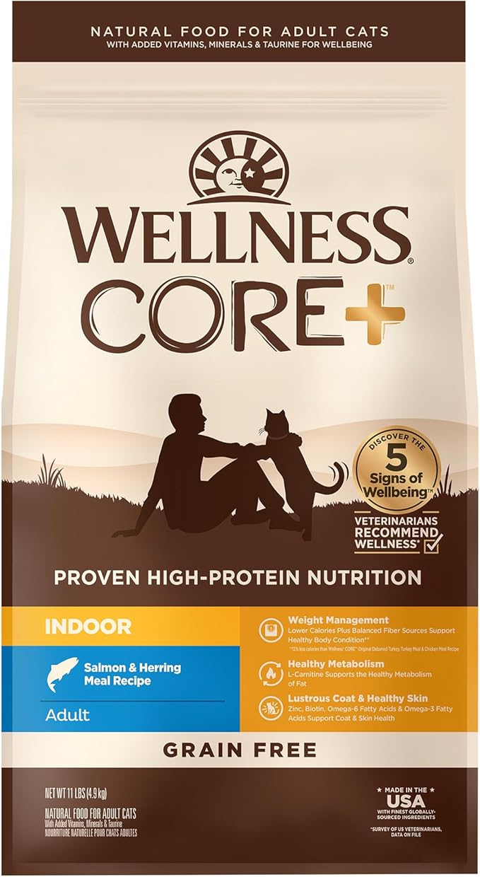 Wellness CORE+ Adult Dry Cat Food for Indoor Cats, Grain-Free, Natural, Salmon and Herring Meal (11 Pound Bag)