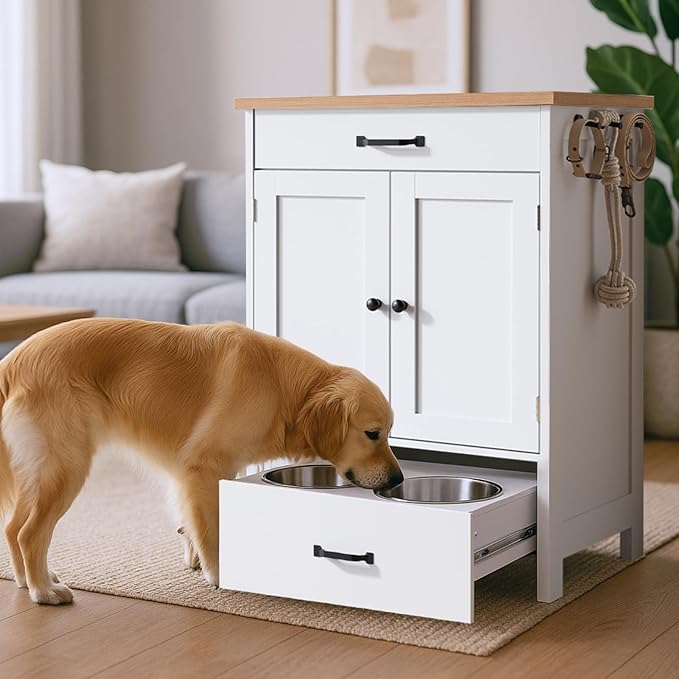 Dog Feeding Station with 2 Elevated Dog Bowls, Food Storage with Adjustable Shelf and Sliding Drawer, Hidden Pet Feeder Station for Cats and Dogs, White