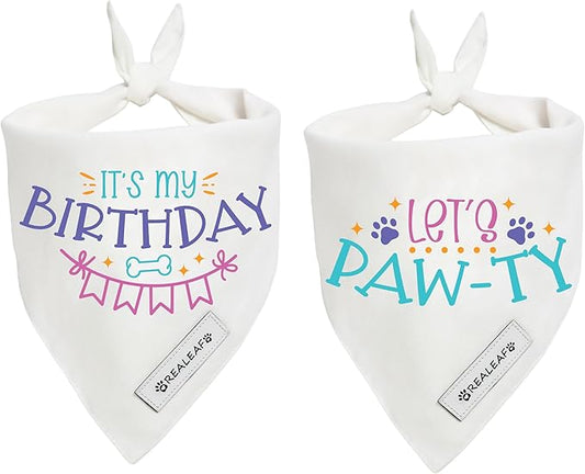 Realeaf Birthday Dog Bandanas 2 Pack (White, Small)