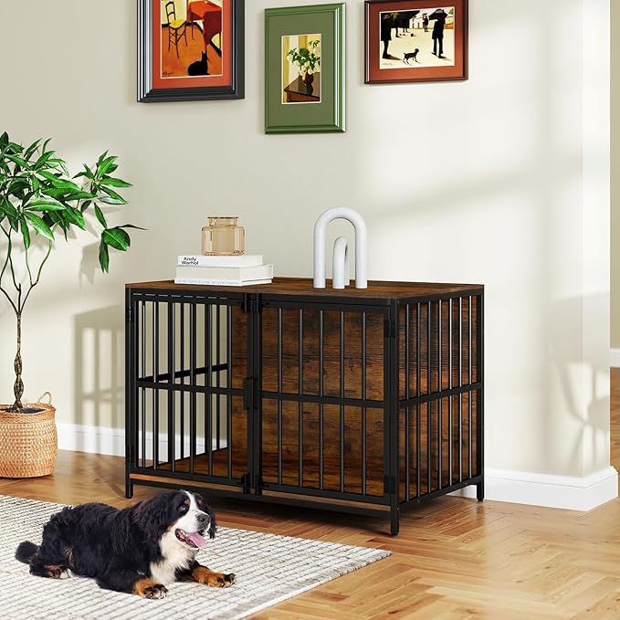 PETSITE 40 Inch Modern Dog Crate Furniture, Heavy Duty Wooden Dog Kennel with Double Lockable Doors, Decorative Dog Cage End Side Table for Small and Medium Sized Dogs (Rustic Brown)
