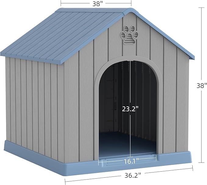 Large Dog House Outdoor Indoor for Medium Large Dogs, Durable Plastic Waterproof Doghouse with Air Vents and Elevated Floor, Easy Clean and Assemble (Light Blue, 36.2''L×38''W×38''H)