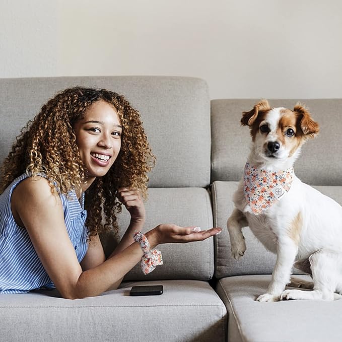 E-Clover Dog Bandanas & Matching Scrunchie Set Girl Cute Flower Dog Scarf Bibs Pet Bandana with Bow Tie for Small Dogs Puppy Owner Spring