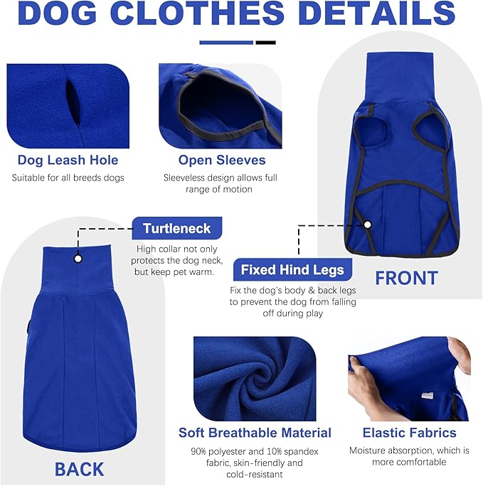 ROZKITCH Dog Fleece Pajamas with Leash Hole, Pet Windproof Warm Cold Weather Jacket Vest Cozy Jumpsuit Apparel Outfit Clothes for Walking Hiking Travel Sleep Blue L