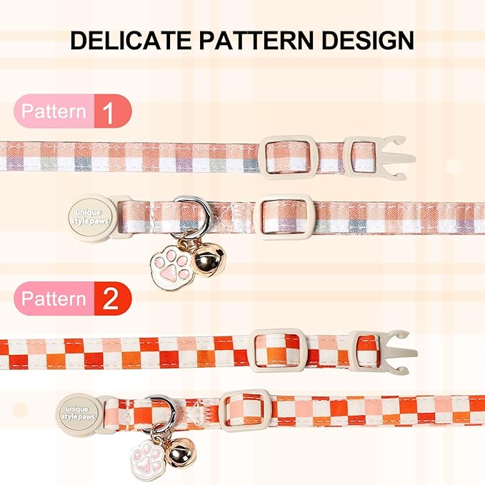 Unique Style Paws Orange Cat Collar,Cute Cat Collars with Checkboard Pattern,Orange Kitten Collar with Breakaway Buckle,Ideal Gift for Boy Girl Cats