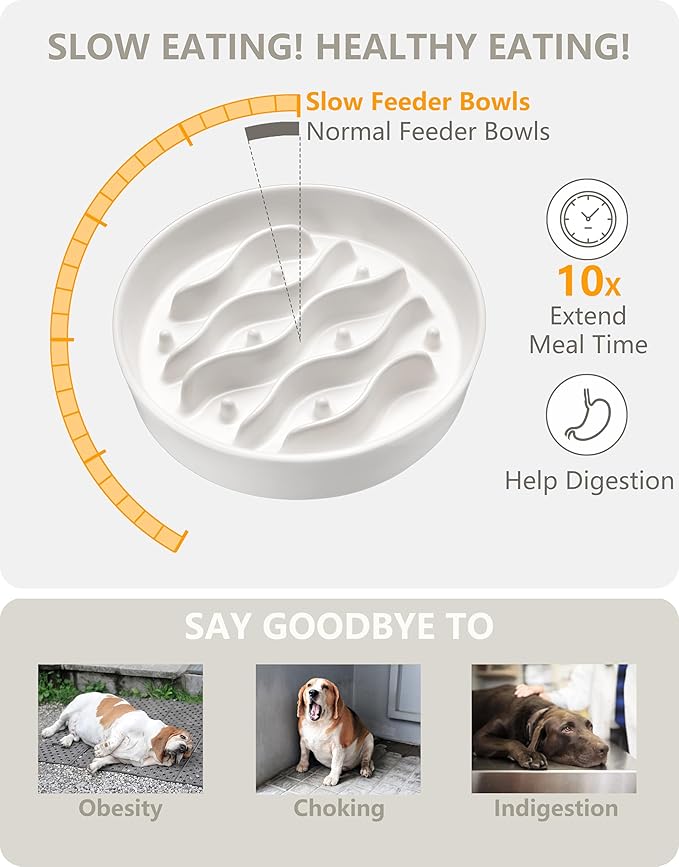Ceramic Slow Feeder Dog Bowls for Medium and Large Dogs, 2.0 Cups Dog Slow Feeder for Fast Eater, 30oz, 8in, White