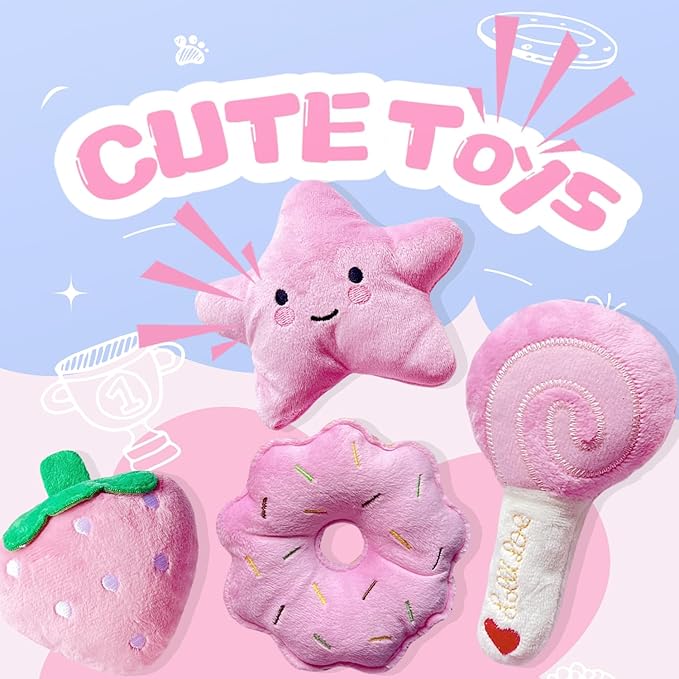Small Dog Toys, Squeaky Dog Toy for Small Dogs- Pink Cute Puppy Toys, 4 Packs Pet Chew Toys for Fun, Interactive Dog Plush Toys for Puppies, Doggie Birthday Gifts