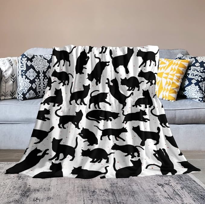 Cat Blanket Gifts - 30"x40" Cute Throw Blanket for Adults Kids - Black Soft Plush Throws for Bed, Couch & Travel