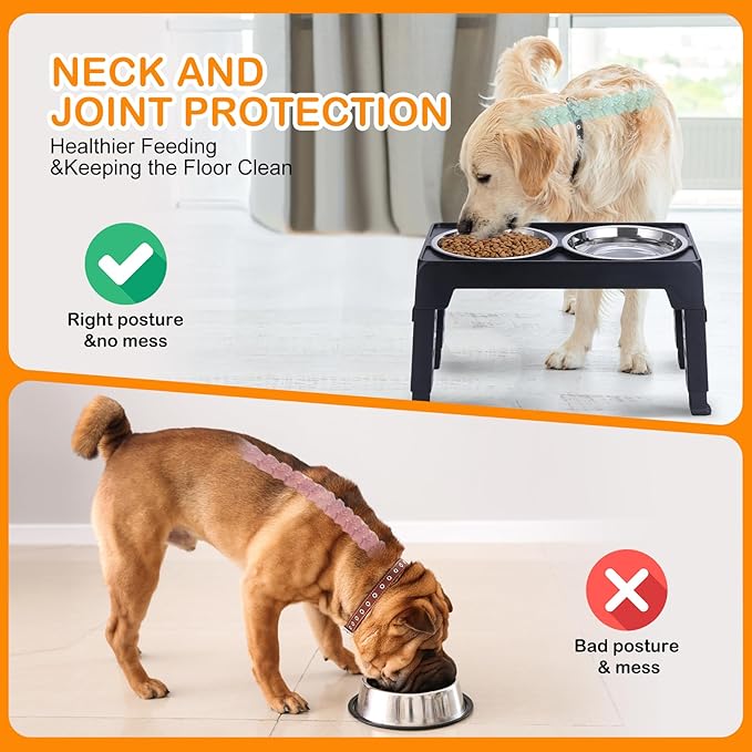 Elevated Dog Bowls, Raised Bowl with 2 Stainless Steel Food Bowls, Dog Bowls Stand Adjusts to 5 Heights 2.95", 8.46", 9.65", 10.82", 12.01" for Small Medium Large Cats Pets,Black