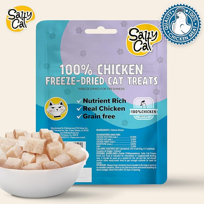 Salty Cat Freeze Dried Cat Treats, 100% Real Chicken Breast Dried Cat Food for Freshness, Single Ingredient & Grain Free Kitten Treats, Nutrient Rich, 10g (12 Pack)