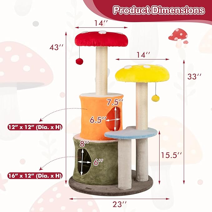 PETSITE Mushroom Cat Tree, Multi-Level Cute Cat Tree Tower with Sisal Scratching Posts, Cat Condo, Soft Plush Perches, and Dangling Toys for Indoor Cats (43 Inch)
