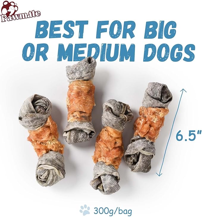Dog Treats Chicken Wrapped Cod Skin Knotted Bones-6.5", All-Natural Healthy Fish Skin Dog Chew Treats for Medium Large Breeds, Rich in Omega-3 Protein, 4 Counts, 10.6 OZ