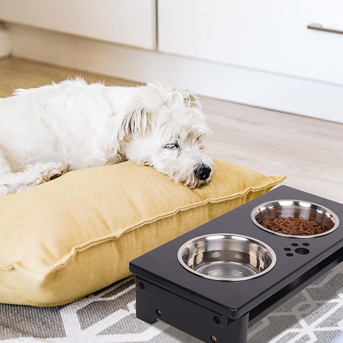 HTB Elevated Dog Bowls, Raised Dog Bowl Stand with 2 Stainless Steel Bowls, Elevated Raised Dog Bowls for Large Medium Small Sized Dogs- Black Small