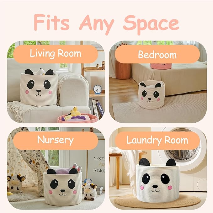 OMERAI Cotton Rope Storage Basket with Panda Design, 15"D x 12.6"H, Portable, Foldable, Multifunctional Laundry Basket