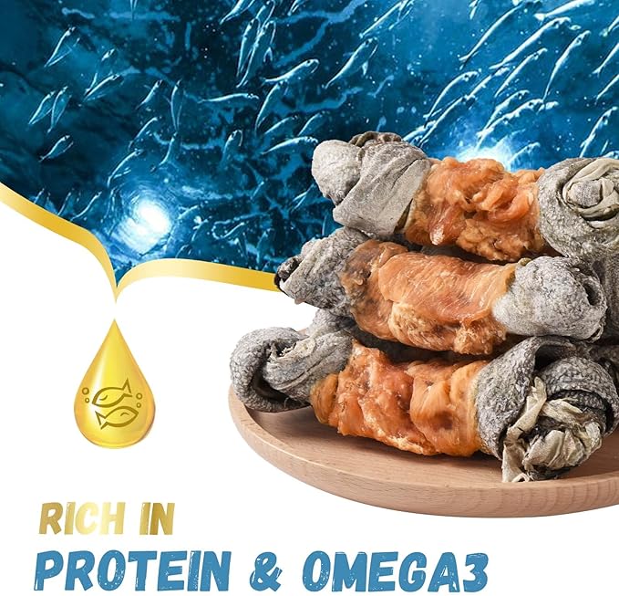 Dog Treats Chicken Wrapped Cod Skin Knotted Bones-6.5", All-Natural Healthy Fish Skin Dog Chew Treats for Medium Large Breeds, Rich in Omega-3 Protein, 4 Counts, 10.6 OZ