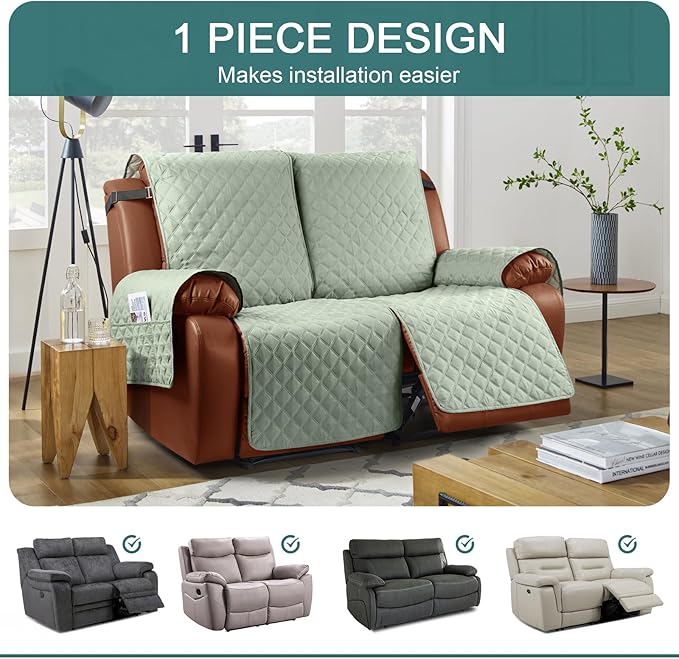 Ruaozz Waterproof Recliner Sofa Cover 1-Piece Couch Covers for Reclining Couches Reclining Sofa Cover Washable Furniture Protector with Elastic Straps Pocket for Kids, Pets (Sage Green, 2 Seater)