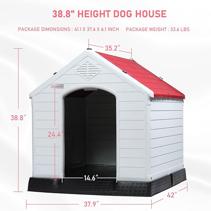 LEMBERI Durable Waterproof Plastic Dog House for Small to Large Sized Dogs, Indoor Outdoor Doghouse Insulated Puppy Shelter with Elevated Floor, Easy to Assemble (Red, 42''L*38''W*39''H)
