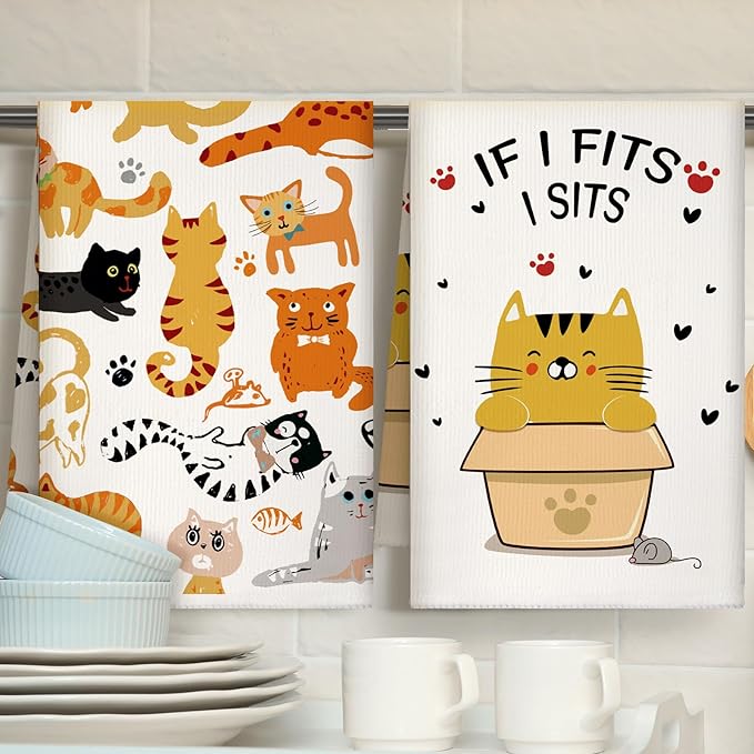 TecUnite 6 Pcs Cat Kitchen Towels Set Funny Cat Tea Towels Cute Dish Towels Decorative Cat Hand Towel Cat Lover Gifts for Cleaning Drying Wiping Tasks Cat Owners Women Mom Housewarming Gifts Decor