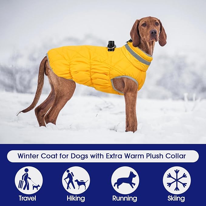 FUAMEY Dog Coat for Large Dogs,Waterproof Dog Winter Jacket with Harness Built in Puppy Cold Weather Coats Reflective Pet Vest with Zipper Warm Fleece Dogs Snowsuit Windproof Yellow XL