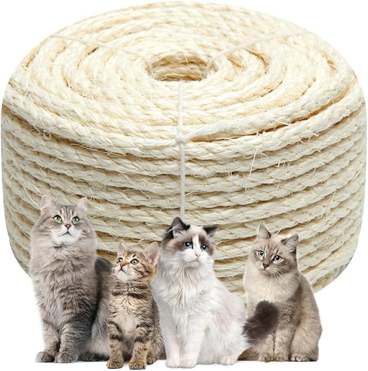 White Sisal Rope 1/4 Inch by 49-Feet for Cat Scratching Post Tree Tower Replacement Repair and Replace, DIY Hemp Twine Rope for Kittens Shelves Furniture Window Perch Hammock Climbing, 6mm by 15m
