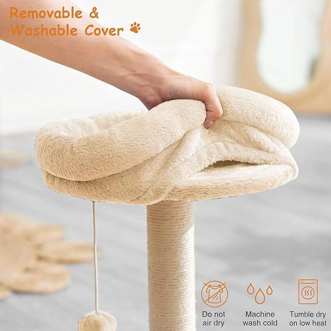 Cat Scratching Post Tower for Indoor Cats, Small Cat Tree Tower with Bed and Hanging Ball Toys, Short Modern Carpet Kitten Scratcher Stand with Large Round Perch and Scratch Ramp (Beige)