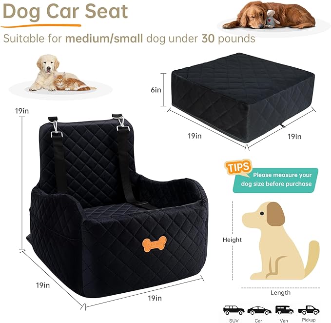 Dog Car Seat for Small Dogs, Dog Booster Seat Filling in Thick Memory Foam with 2 Safety Leashes and Storage Pocket, Suitable for Pet Under 30lb or 2 Puppies (Black)