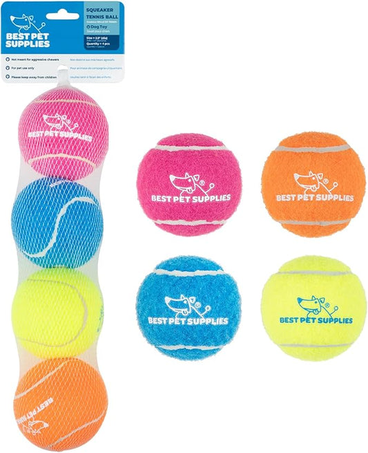 Best Pet Supplies Interactive Squeaky Dog Chew Toy, Ideal Dog Toys for Chewers, Small, Medium & Large Dogs, and Fetch Lovers - Tennis (Assorted Color), Medium (Pack of 4)
