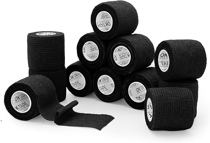OK TAPE Self Adherent Cohesive Bandages Wrap 12Packs, 2 Inches X 5 Yards, Non-Woven Self Adhesive Athletic Sports wrap Tape, Vet Wrap Bandages Tape, for Thumb Finger Wrist Ankle (Black)
