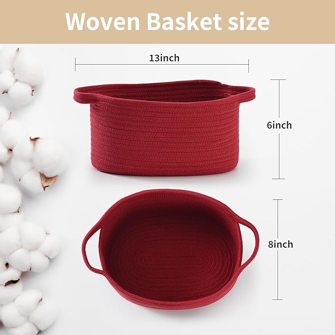 Cute Burgundy Woven Gift Basket – Empty Baskets for Christmas Thanksgiving, Valentine's Day Birthday Raffle, Decorative Storage Organizer Box for Toys Gifts Seasonal Decor (13"D x 8"W x 6"H)