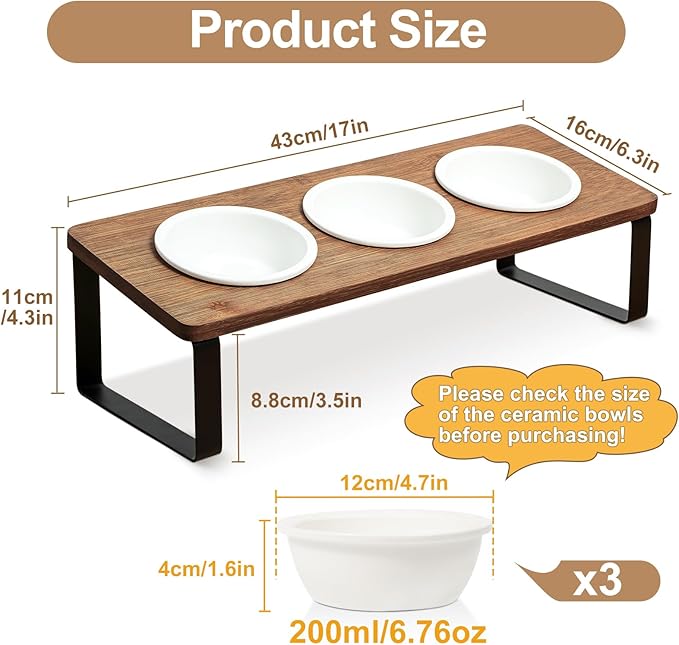 Sunhoo Raised Cat Food Water Bowl Elevated Tilted Kitty Dishes Set of 3 Ceramic Dish for Indoor Cats Orthopedic Pet Food Stand Reduces Vomiting 3 Bowl Cat Feeder Easy Assembly(Brown)