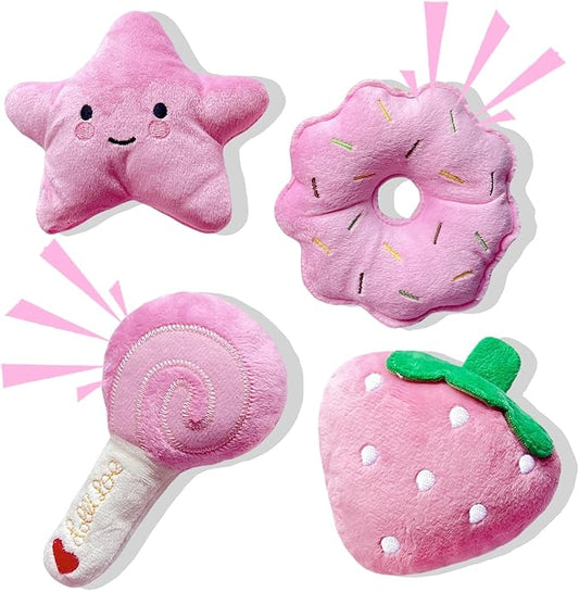 Small Dog Toys, Squeaky Dog Toy for Small Dogs- Pink Cute Puppy Toys, 4 Packs Pet Chew Toys for Fun, Interactive Dog Plush Toys for Puppies, Doggie Birthday Gifts
