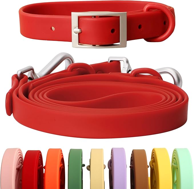 Dog Collar and Leash Set, Durable Waterproof Dog Leashes Collars, 5 Length Setting Adjustable Dog Collars for Large Medium Small Dogs (Red, L)