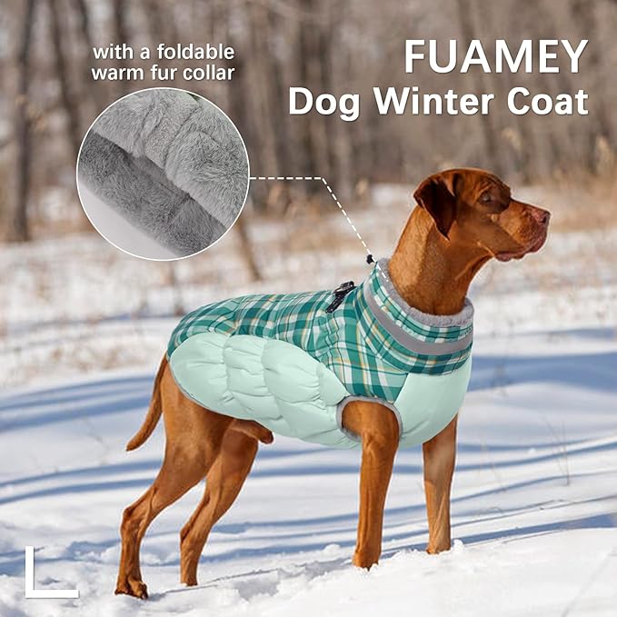 FUAMEY Dog Coat for Medium Dogs,Waterproof Dog Winter Jacket with Harness Built in Puppy Cold Weather Coats Reflective Pet Vest with Zipper Warm Fleece Dogs Snowsuit Windproof Green Plaid M