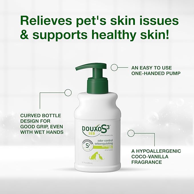 Douxo S3 SEB Shampoo, Contains 0.5% Ophytrium, Odor Control & Seboregulating, for Oily to Flaky Skin, Seborrhea, for Dogs and Cats, 6.7 fl. oz. (200mL)