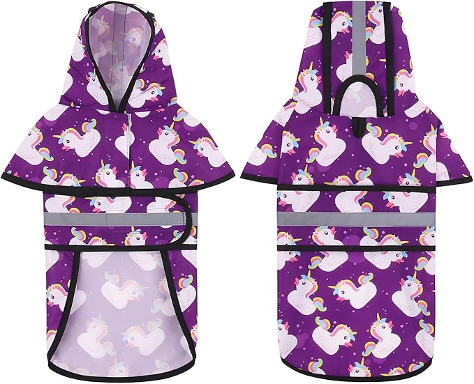 HDE Dog Raincoat Jacket Reflective Adjustable Hooded Pet Poncho Rain Coat with Leash Hole for Small to X-Large Dogs Purple Unicorn Ducks - XL