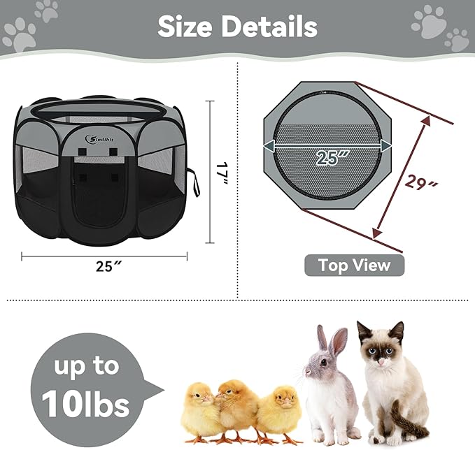 Dark Grey Dog Cat Playpen, Puppy Pet Playpen, Small Dogs Tent Crates Cage Indoor/Outdoor, Portable Pop Up Dog Kennel Playpen with Carrying Case for Dogs/Cats/Rabbits